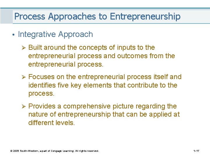 Process Approaches to Entrepreneurship • Integrative Approach Ø Built around the concepts of inputs
