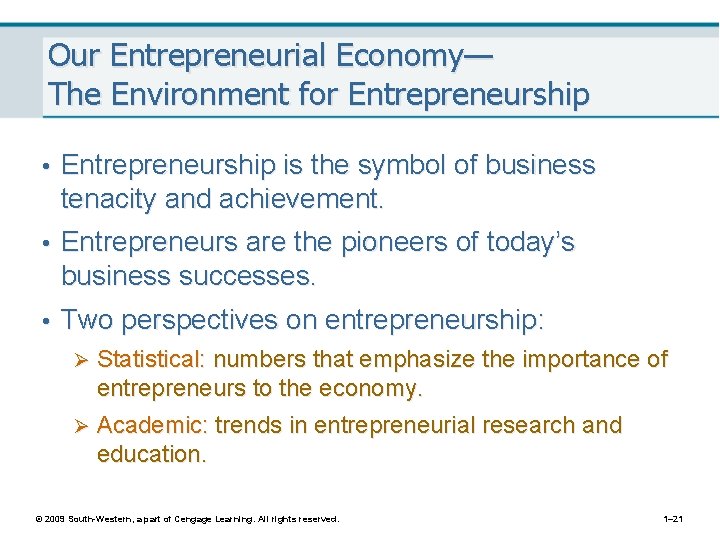 Our Entrepreneurial Economy— The Environment for Entrepreneurship • Entrepreneurship is the symbol of business