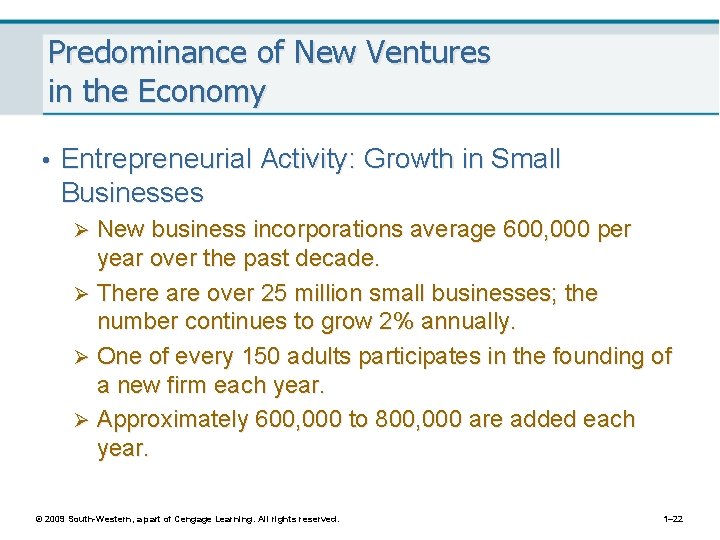 Predominance of New Ventures in the Economy • Entrepreneurial Activity: Growth in Small Businesses