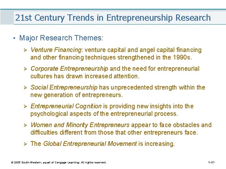 21 st Century Trends in Entrepreneurship Research • Major Research Themes: Ø Venture Financing: