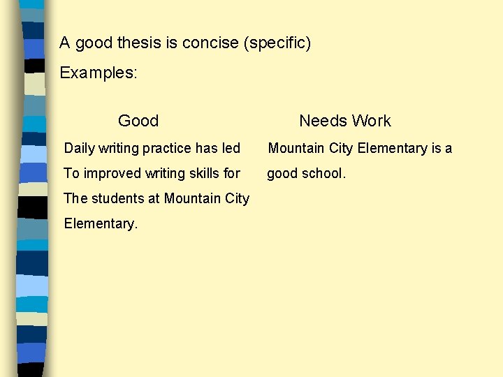 A good thesis is concise (specific) Examples: Good Needs Work Daily writing practice has