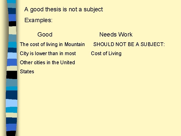 A good thesis is not a subject Examples: Good The cost of living in