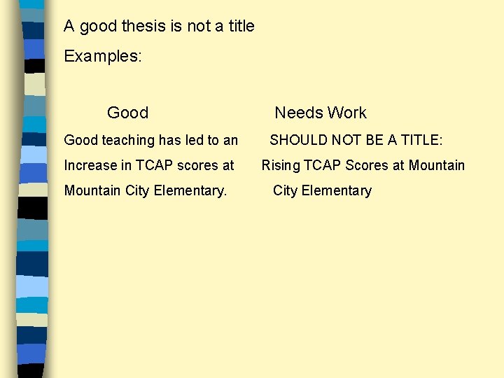A good thesis is not a title Examples: Good teaching has led to an