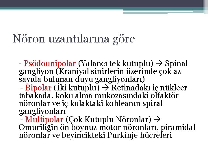 Nöron uzantılarına göre - Psödounipolar (Yalancı tek kutuplu) Spinal gangliyon (Kraniyal sinirlerin üzerinde çok Nöron uzantılarına göre - Psödounipolar (Yalancı tek kutuplu) Spinal gangliyon (Kraniyal sinirlerin üzerinde çok
