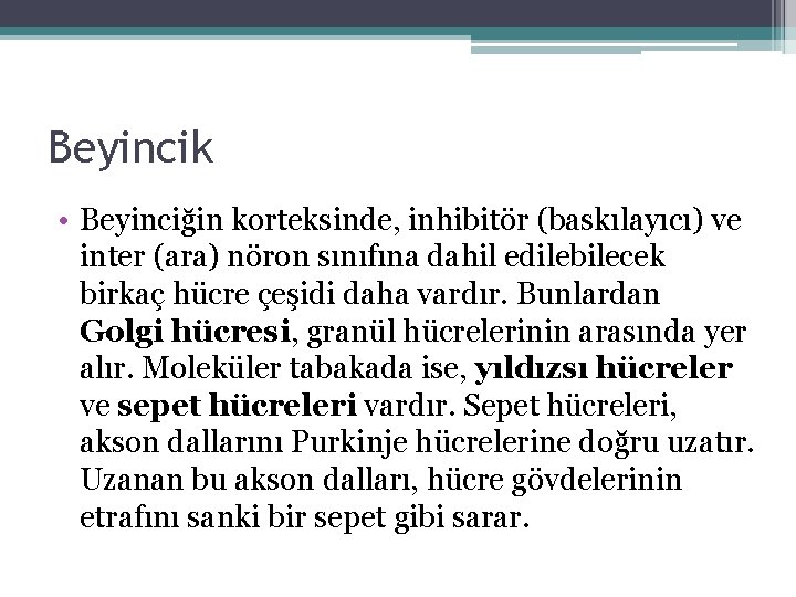 Beyincik • Beyinciğin korteksinde, inhibitör (baskılayıcı) ve inter (ara) nöron sınıfına dahil edilebilecek birkaç Beyincik • Beyinciğin korteksinde, inhibitör (baskılayıcı) ve inter (ara) nöron sınıfına dahil edilebilecek birkaç