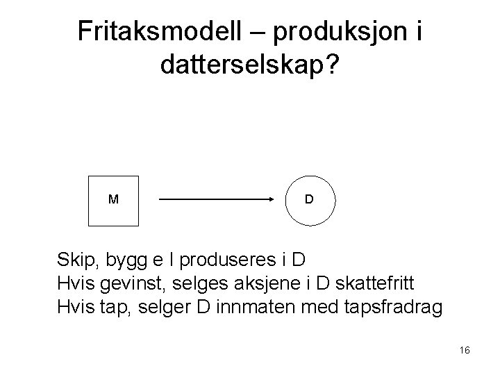Fritaksmodell – produksjon i datterselskap? M D Skip, bygg e l produseres i D