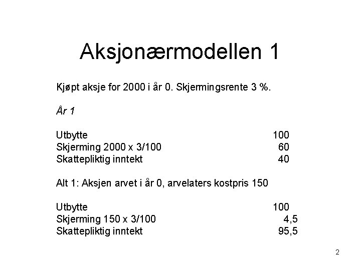 Aksjonærmodellen 1 Kjøpt aksje for 2000 i år 0. Skjermingsrente 3 %. År 1