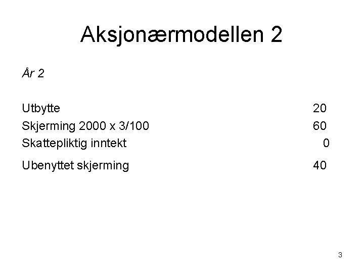 Aksjonærmodellen 2 År 2 Utbytte Skjerming 2000 x 3/100 Skattepliktig inntekt 20 60 0
