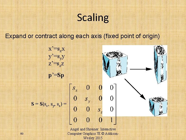 Scaling Expand or contract along each axis (fixed point of origin) x’=sxx y’=syy z’=szz