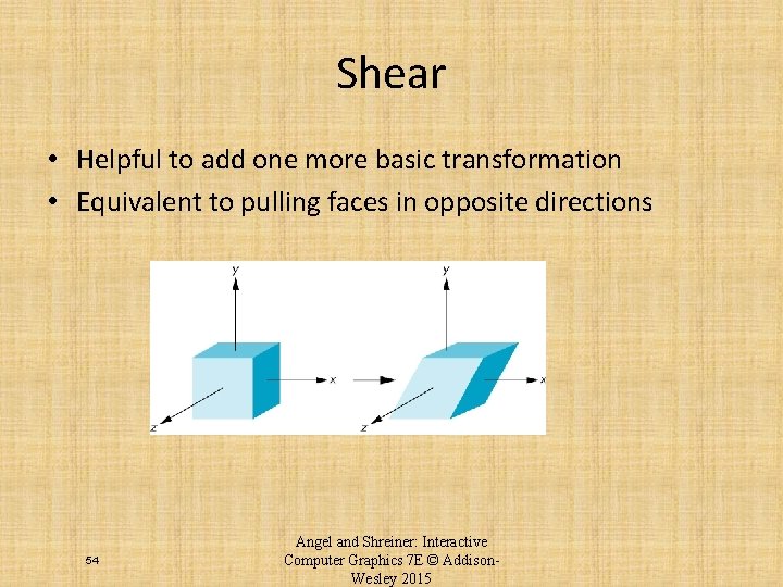 Shear • Helpful to add one more basic transformation • Equivalent to pulling faces