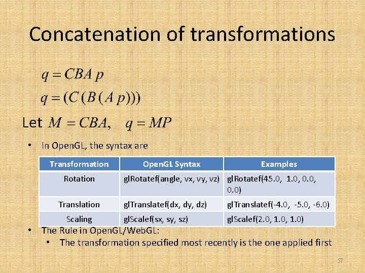 Concatenation of transformations Let • In Open. GL, the syntax are Transformation Rotation Translation