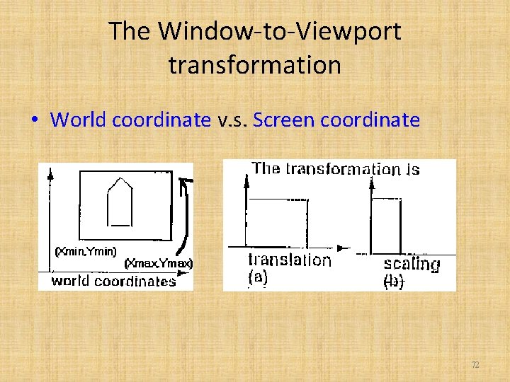 The Window-to-Viewport transformation • World coordinate v. s. Screen coordinate 72 