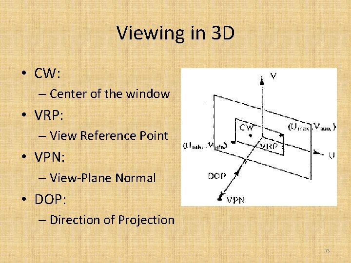 Viewing in 3 D • CW: – Center of the window • VRP: –