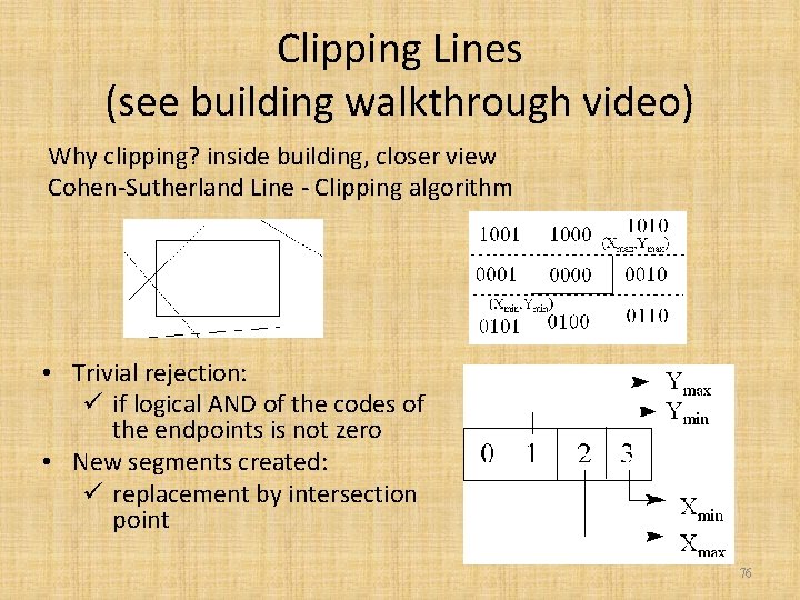 Clipping Lines (see building walkthrough video) Why clipping? inside building, closer view Cohen-Sutherland Line