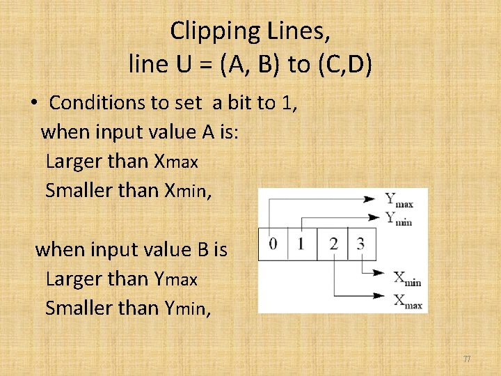 Clipping Lines, line U = (A, B) to (C, D) • Conditions to set