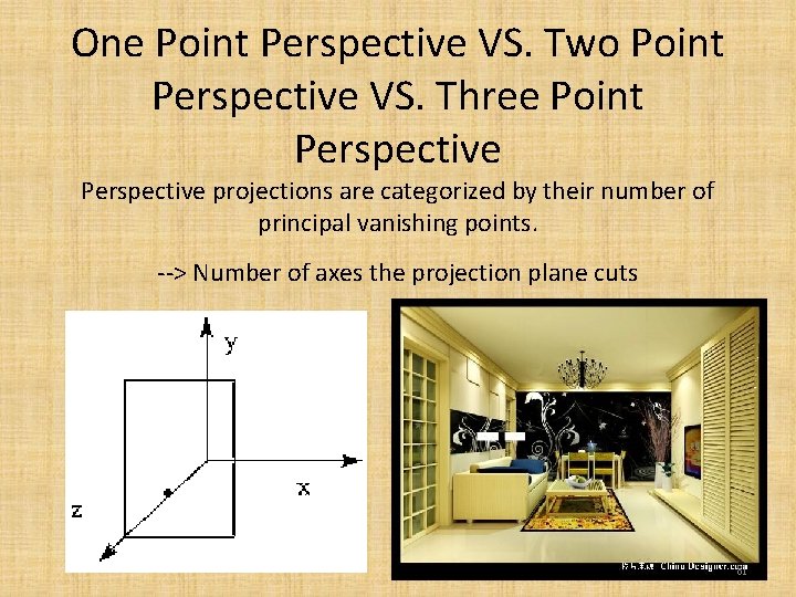 One Point Perspective VS. Two Point Perspective VS. Three Point Perspective projections are categorized