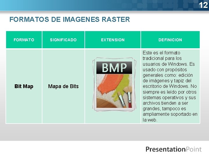 12 FORMATOS DE IMAGENES RASTER FORMATO Bit Map SIGNIFICADO Mapa de Bits EXTENSION DEFINICION