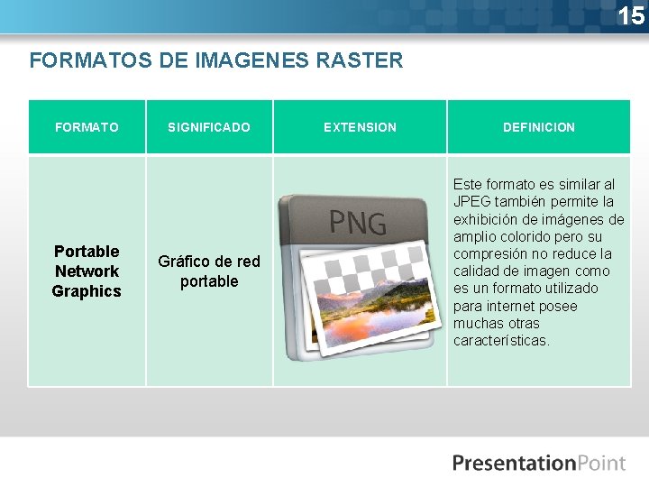 15 FORMATOS DE IMAGENES RASTER FORMATO Portable Network Graphics SIGNIFICADO Gráfico de red portable