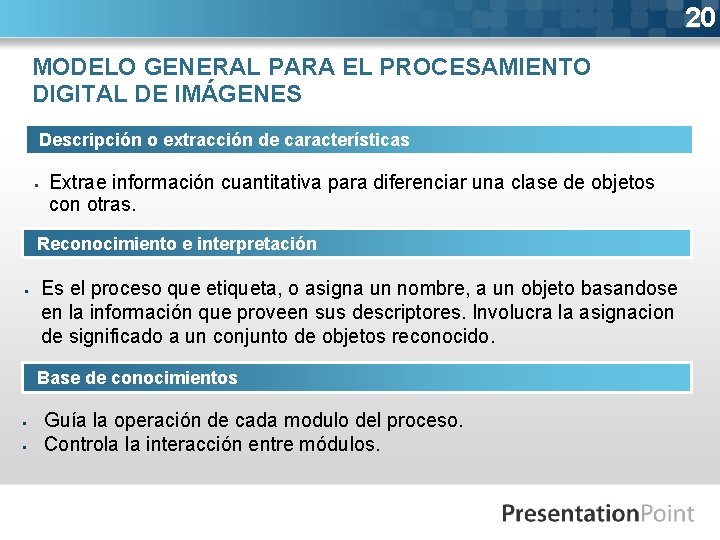 20 MODELO GENERAL PARA EL PROCESAMIENTO DIGITAL DE IMÁGENES Descripción o extracción de características