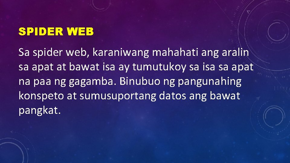 SPIDER WEB Sa spider web, karaniwang mahahati ang aralin sa apat at bawat isa