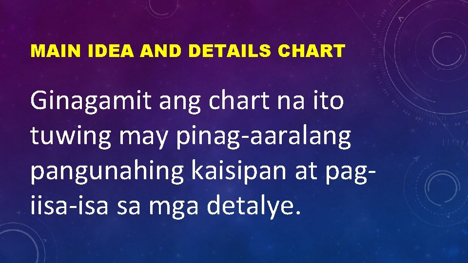 MAIN IDEA AND DETAILS CHART Ginagamit ang chart na ito tuwing may pinag-aaralang pangunahing