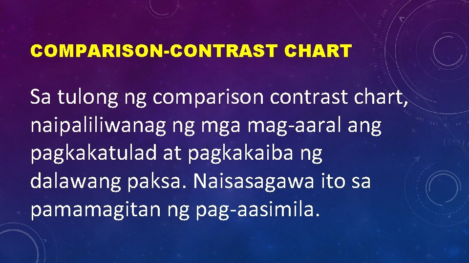 COMPARISON-CONTRAST CHART Sa tulong ng comparison contrast chart, naipaliliwanag ng mga mag-aaral ang pagkakatulad