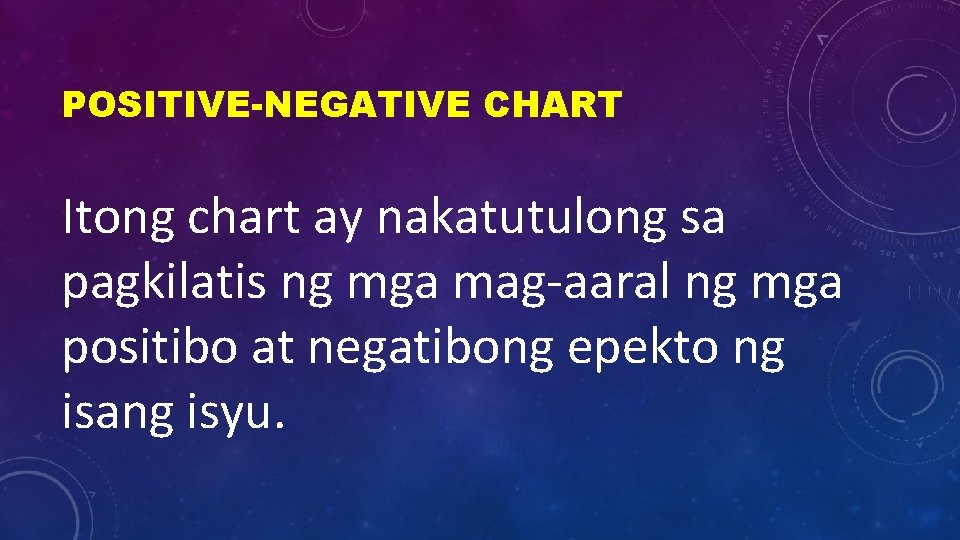 POSITIVE-NEGATIVE CHART Itong chart ay nakatutulong sa pagkilatis ng mga mag-aaral ng mga positibo