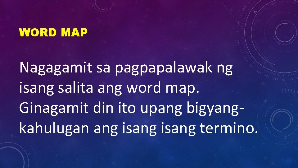 WORD MAP Nagagamit sa pagpapalawak ng isang salita ang word map. Ginagamit din ito
