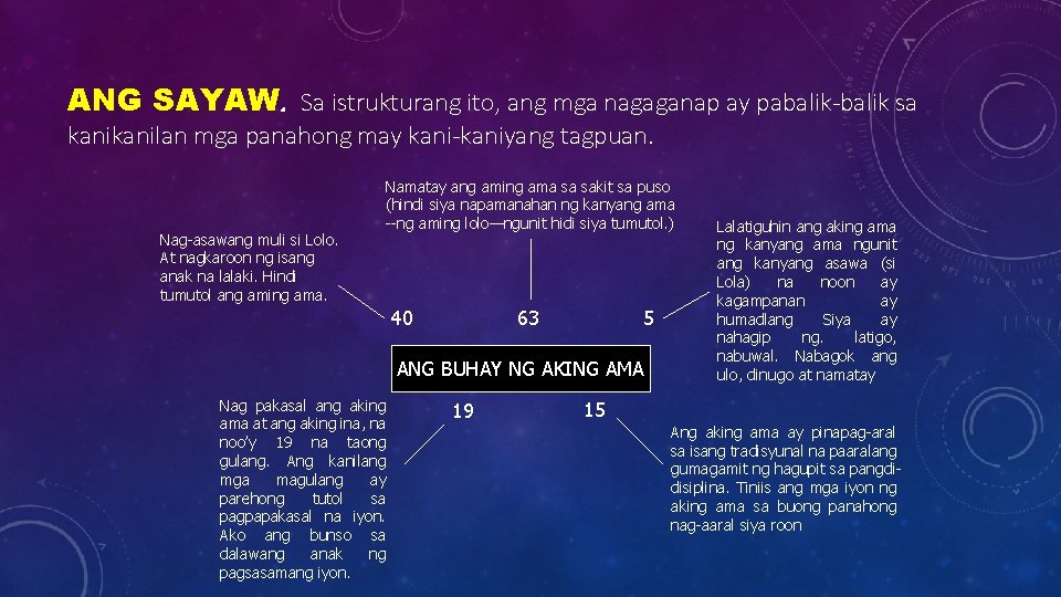 ANG SAYAW. Sa istrukturang ito, ang mga nagaganap ay pabalik-balik sa kanilan mga panahong