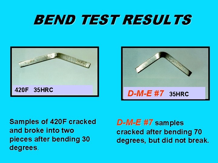 BEND TEST RESULTS 420 F 35 HRC Samples of 420 F cracked and broke