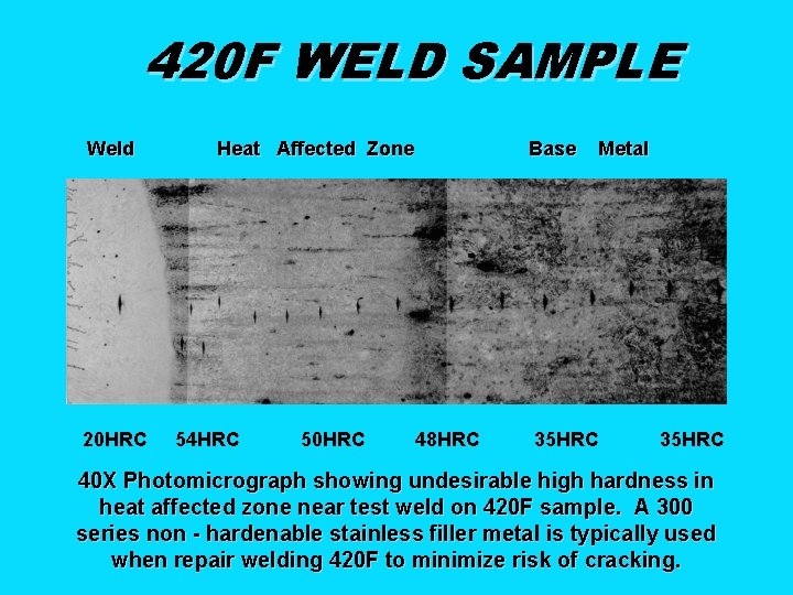 420 F WELD SAMPLE Weld 20 HRC Heat Affected Zone 54 HRC 50 HRC