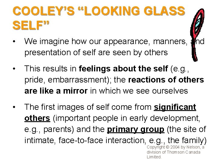 COOLEY’S “LOOKING GLASS SELF” • We imagine how our appearance, manners, and presentation of