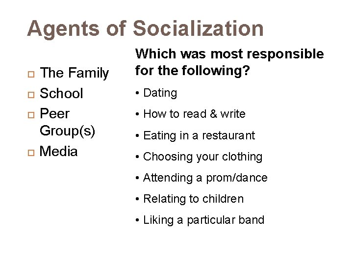 Agents of Socialization The Family School Peer Group(s) Media Which was most responsible for