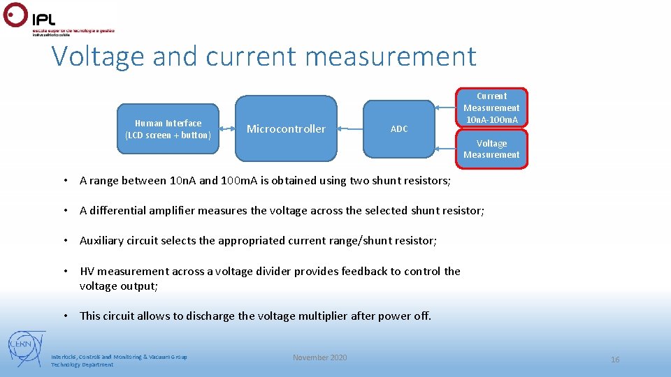 Voltage and current measurement Human Interface (LCD screen + button) Microcontroller ADC Current Measurement Voltage and current measurement Human Interface (LCD screen + button) Microcontroller ADC Current Measurement
