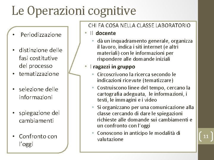 Le Operazioni cognitive • Periodizzazione • distinzione delle fasi costitutive del processo • tematizzazione