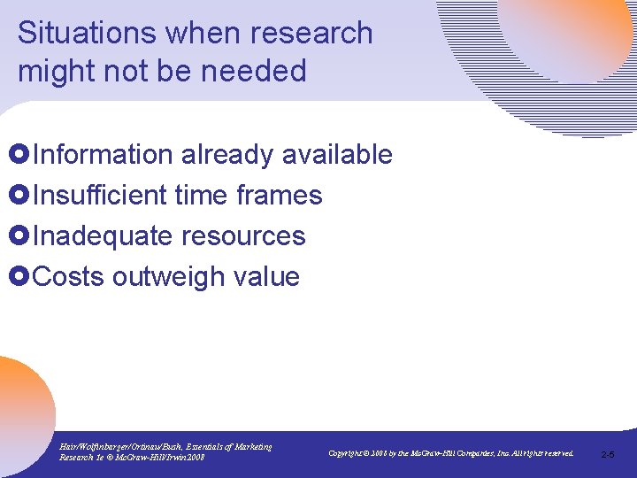 Situations when research might not be needed £Information already available £Insufficient time frames £Inadequate