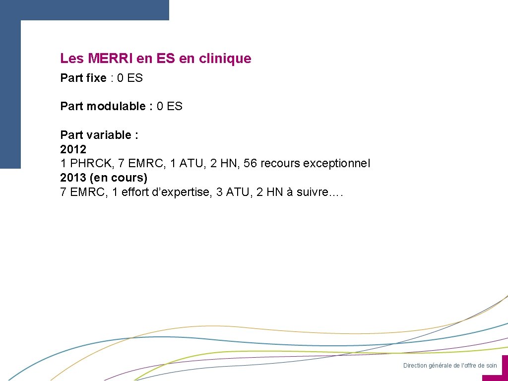 Les MERRI en ES en clinique Part fixe : 0 ES Part modulable :