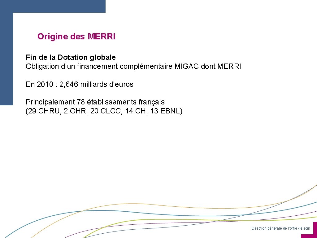 Origine des MERRI Fin de la Dotation globale Obligation d’un financement complémentaire MIGAC dont