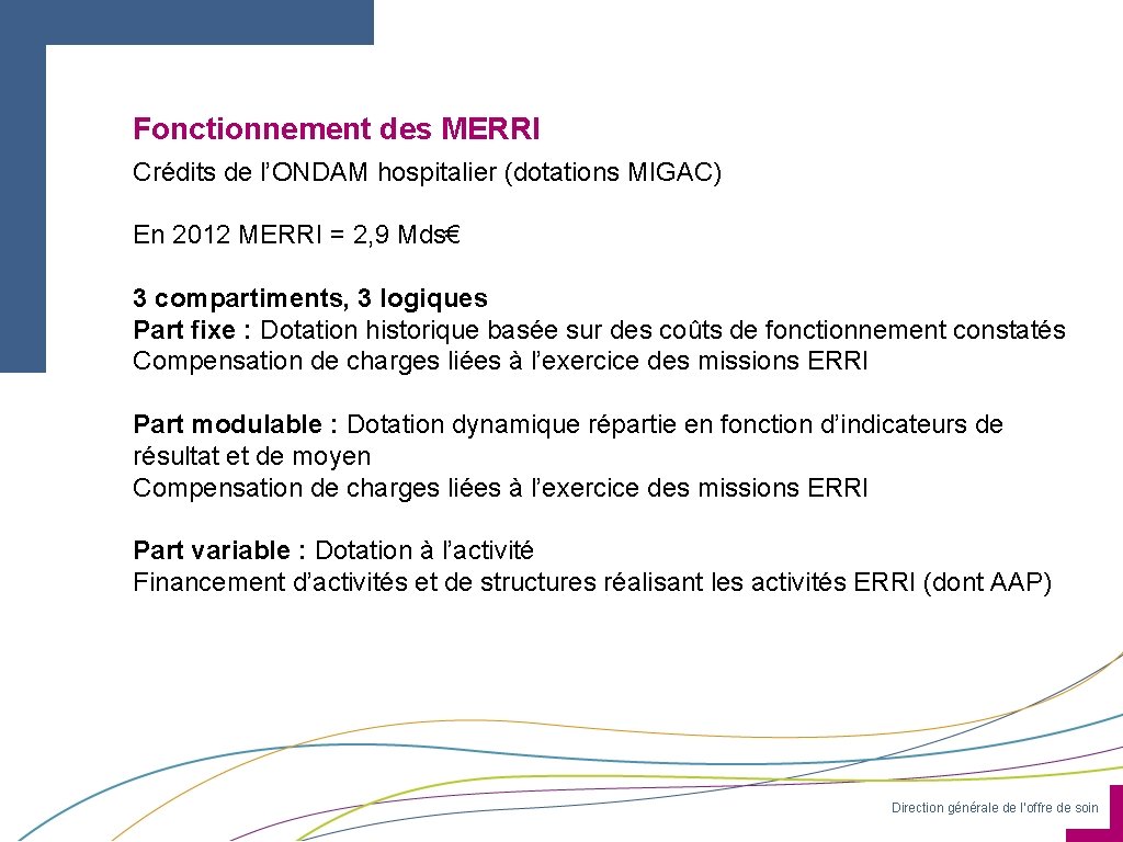 Fonctionnement des MERRI Crédits de l’ONDAM hospitalier (dotations MIGAC) En 2012 MERRI = 2,