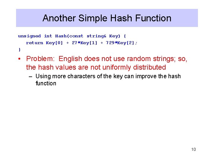 Another Simple Hash Function unsigned int Hash(const string& Key) { return Key[0] + 27*Key[1]