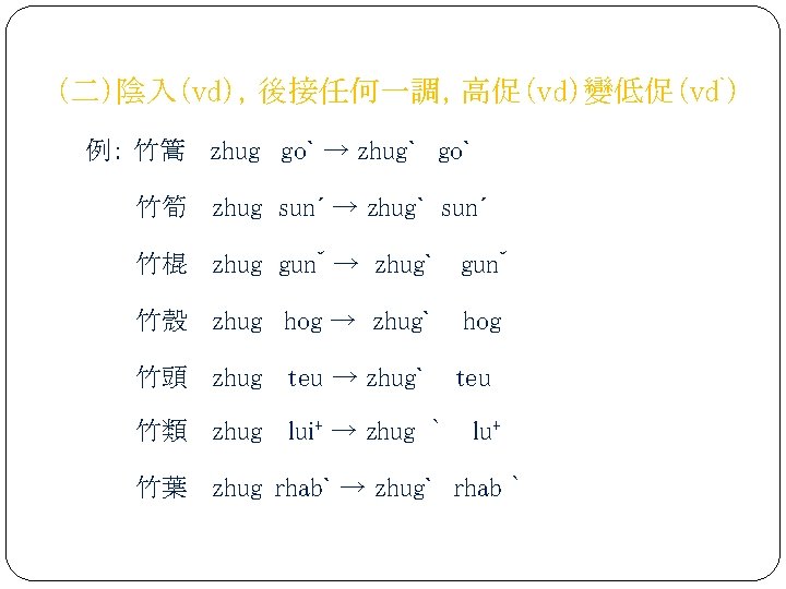 （二）陰入（vd），後接任何一調，高促（vd）變低促（vdˋ） 例： 竹篙 zhug goˋ → zhugˋ goˋ 竹筍 zhug sunˊ → zhugˋ sunˊ