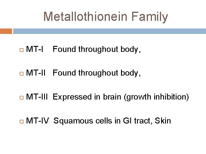 Metallothionein Family MT-I Found throughout body, MT-III Expressed in brain (growth inhibition) MT-IV Squamous Metallothionein Family MT-I Found throughout body, MT-III Expressed in brain (growth inhibition) MT-IV Squamous