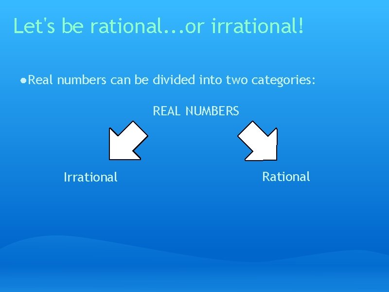 Let's be rational. . . or irrational! ● Real numbers can be divided into Let's be rational. . . or irrational! ● Real numbers can be divided into