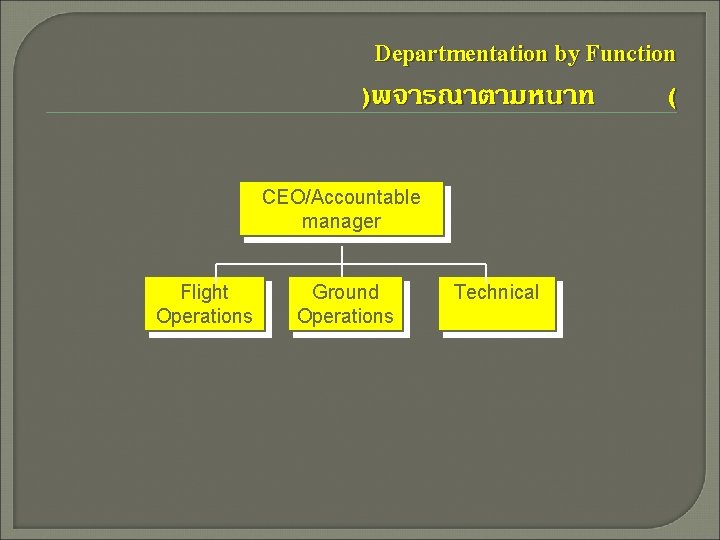 Departmentation by Function )พจารณาตามหนาท ( CEO/Accountable manager Flight Operations Ground Operations Technical 