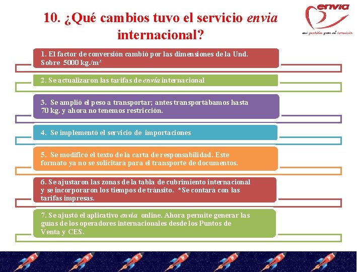 10. ¿Qué cambios tuvo el servicio envia internacional? 1. El factor de conversión cambió