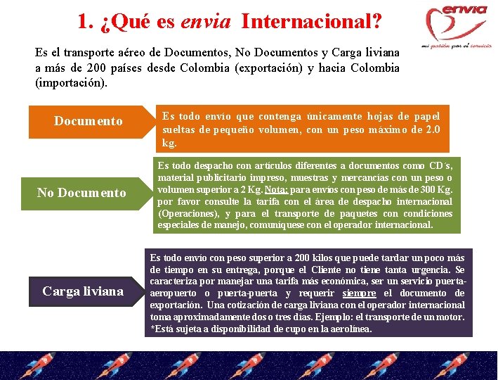 1. ¿Qué es envia Internacional? Es el transporte aéreo de Documentos, No Documentos y