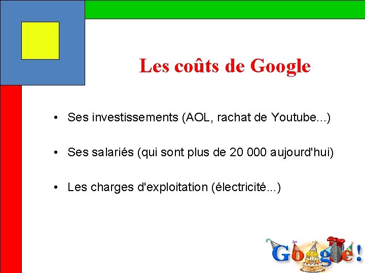 Les coûts de Google • Ses investissements (AOL, rachat de Youtube. . . )