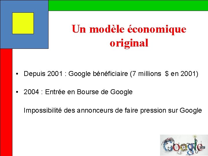 Un modèle économique original • Depuis 2001 : Google bénéficiaire (7 millions $ en