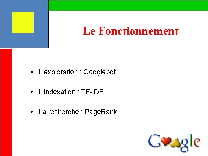 Le Fonctionnement • L’exploration : Googlebot • L’indexation : TF-IDF • La recherche :