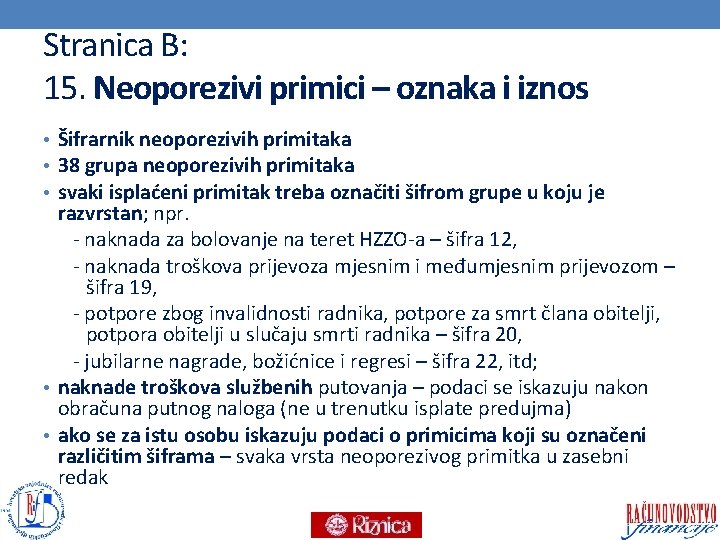 Stranica B: 15. Neoporezivi primici – oznaka i iznos • Šifrarnik neoporezivih primitaka •